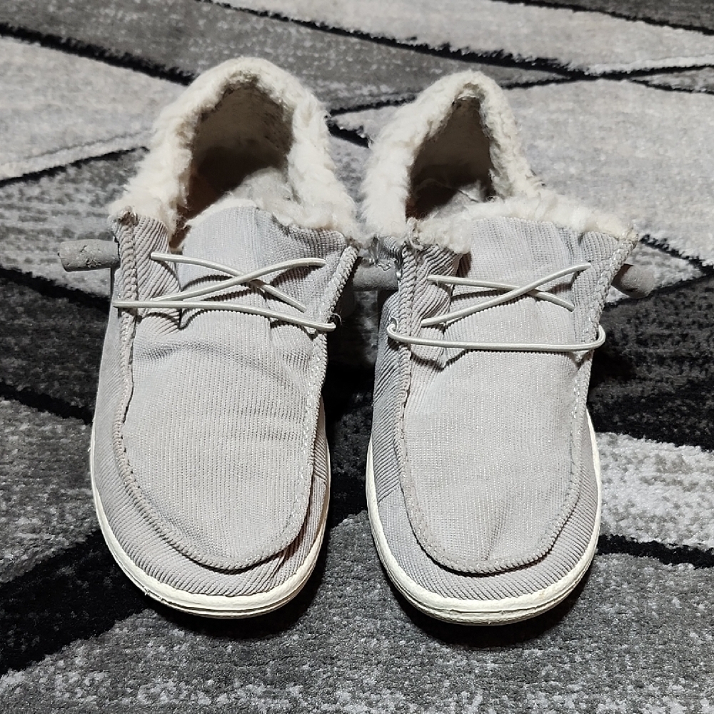 HEYDUDE WENDY GRAY CORDUROY FAUX-FUR ELASTIC LACES SLIP-ON SHOES 8
